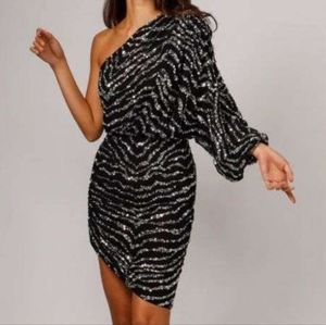 NWT Jay Godfrey JAYGODFREY Sequin One Shoulder Ruched Mini Cocktail Dress sz 12